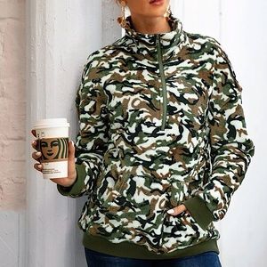 Camo Print Teddy Half Zip Up Sweatshirt